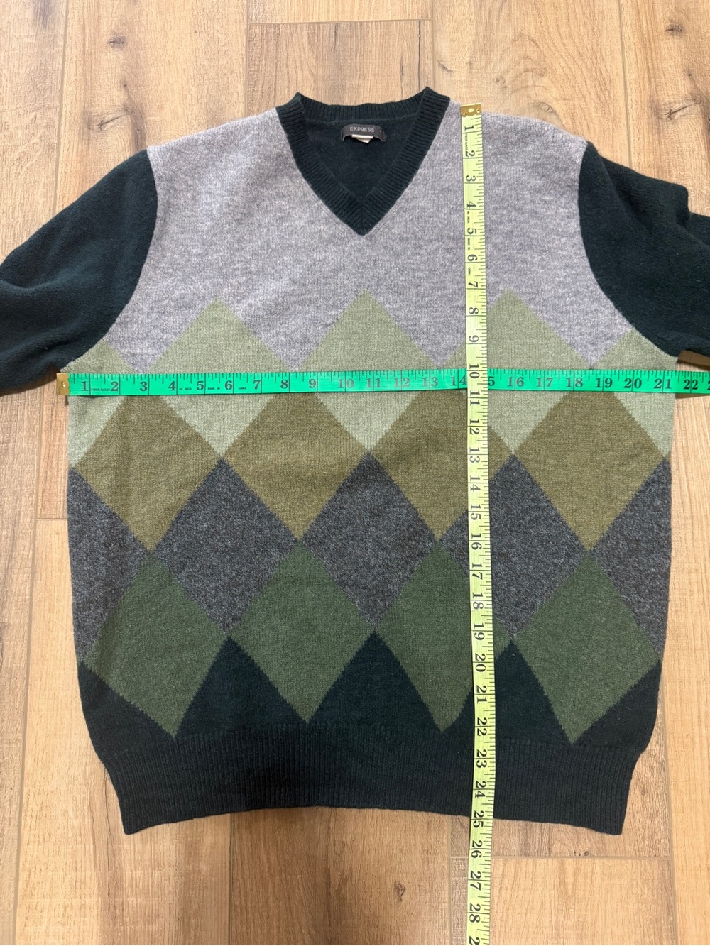 Vintage Lambswool Argyle Sweater L Forest Green Gray V-Neck S M Luxury Express - Picture 5 of 5